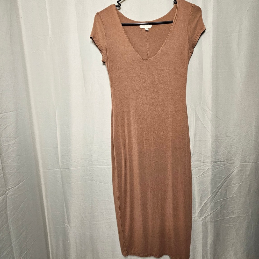 See You Monday Bodycon Dress Womens Medium Brown V-Neck‎ Short Sleeve Midi D7657